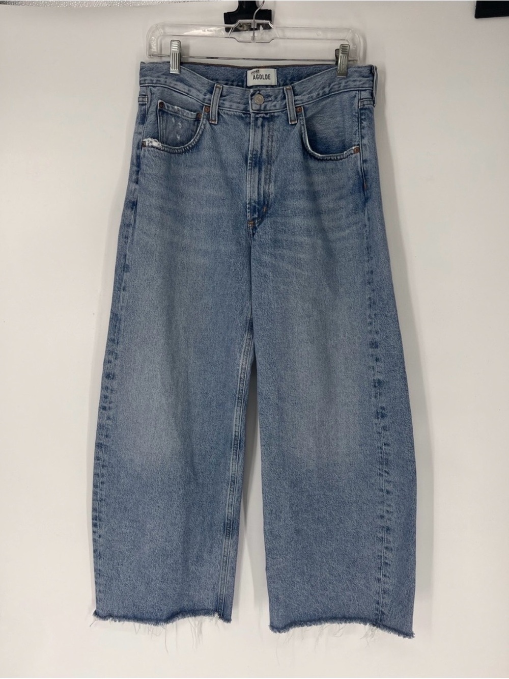 Agolde Low Curve Fray High Rise Raw Hem Light Wash Barrel Wide Leg Jeans 28